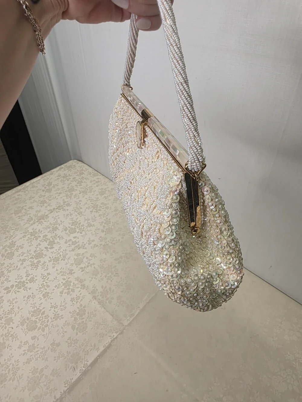 Vintage Beaded Sequined Evening Bag Mother of Pearl Clasp Hand Made Hong Kong